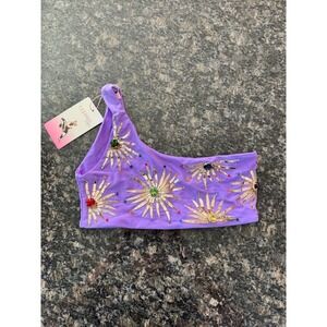 Oceanus Lilac Callie One Shoulder Embellished Bikini Top Gold Sequin Crystal NWT